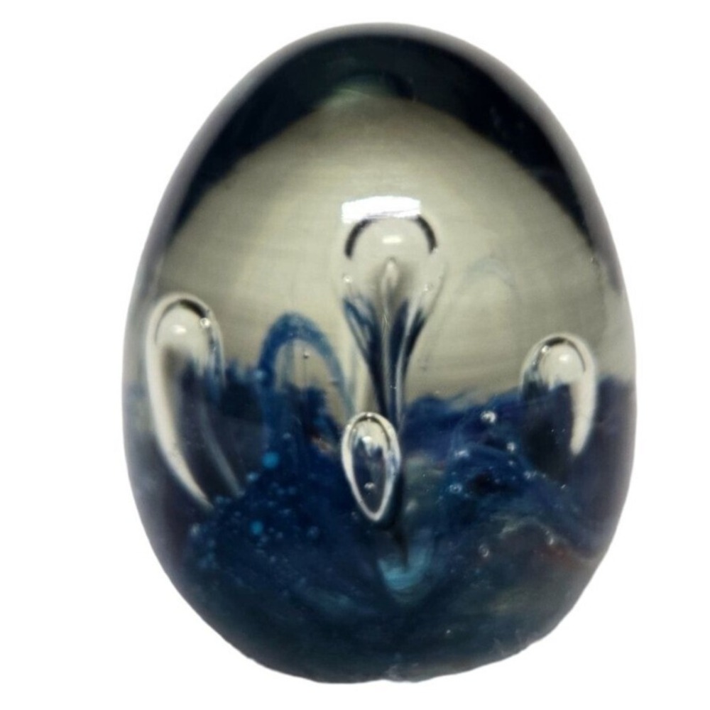 Art Glass Paperweight Egg Shape Blue Swirls Bubbles Desk Decor‎ Office 80s